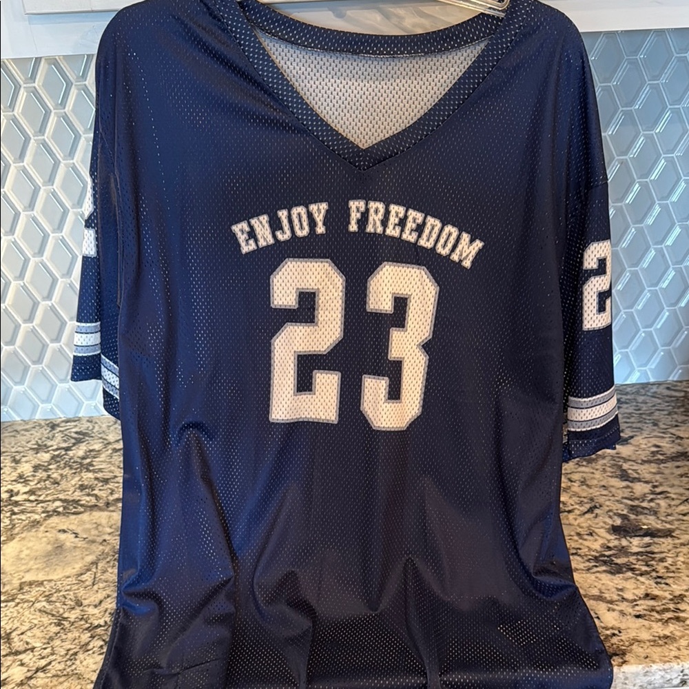 Navy Blue Mesh Jersey with White Print